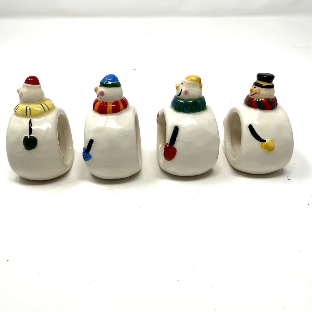 Williams Sonoma Snowman Napkin Rings Set 4‎ Holiday Christmas Ceramic